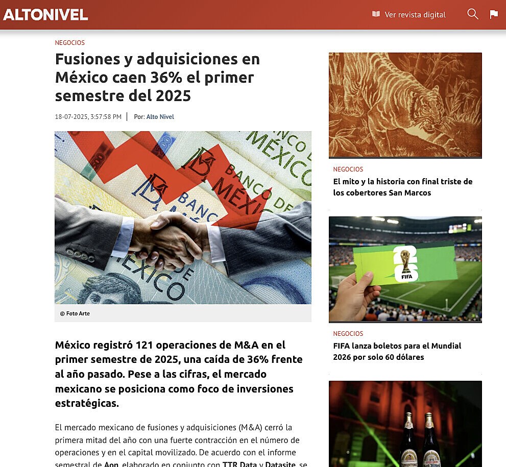 Fusiones y adquisiciones en M�xico caen 36% el primer semestre del 2025